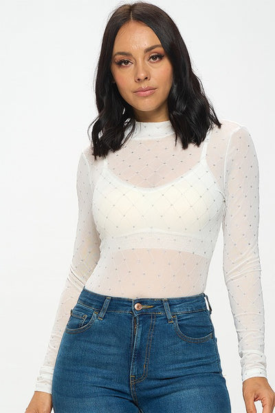 Mesh Mock Neck Embellished Long Sleeve Bodysuit – Concept Apparel