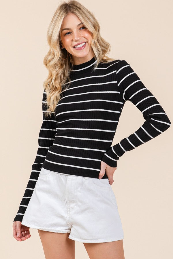 Stripe Rib Knit Mock Neck Top