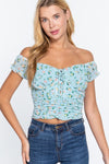 Floral Front Lace-Up Ruched Short Sleeve Top