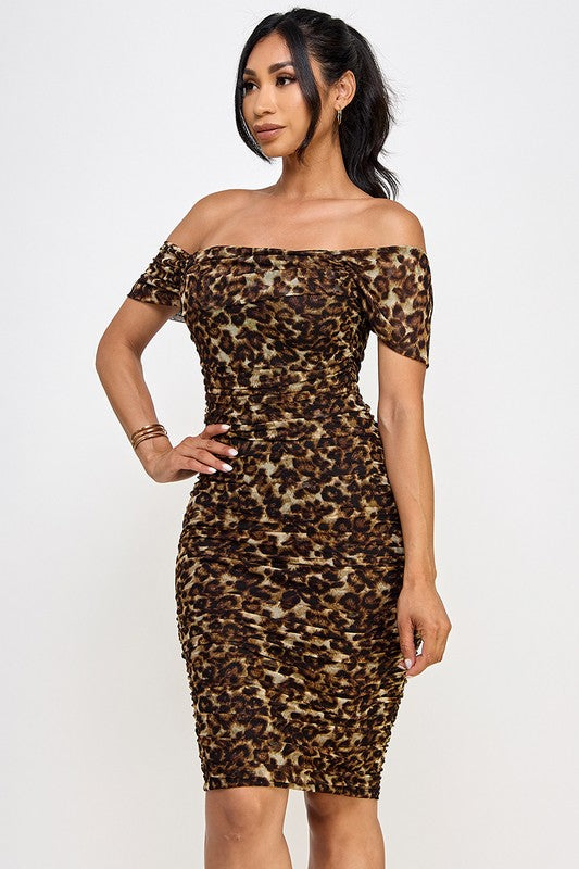 Leopard Print Drape Sleeve Mesh Bodycon Dress