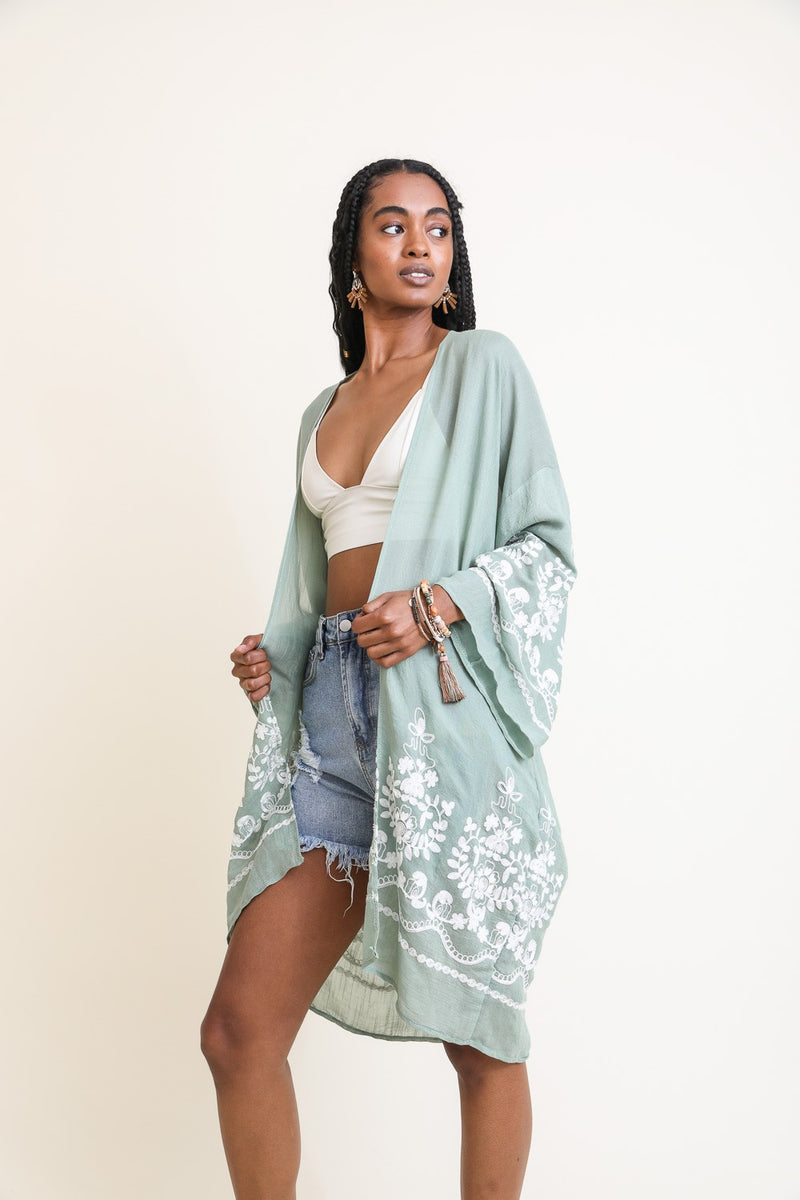 Embroidered Floral Bell Sleeve Kimono