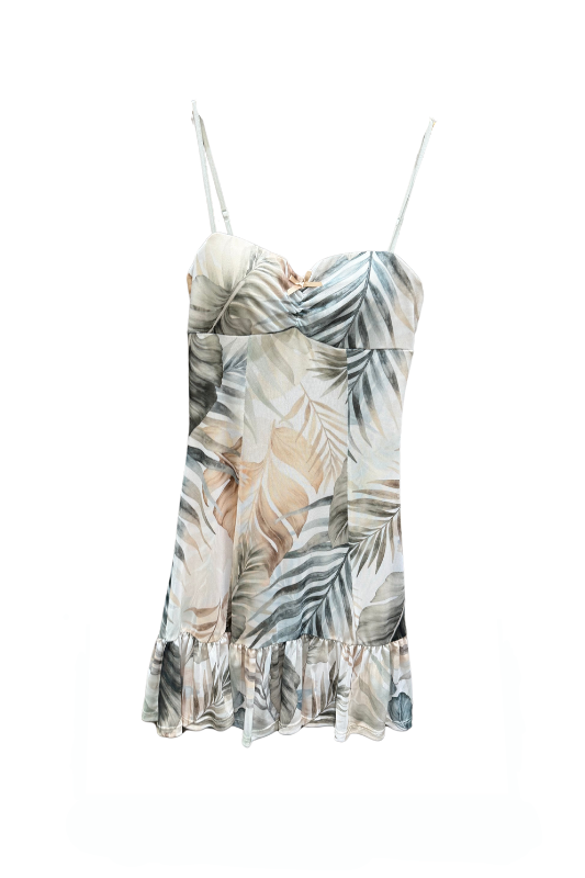 Mesh Tropical Ruffle Hem Dress