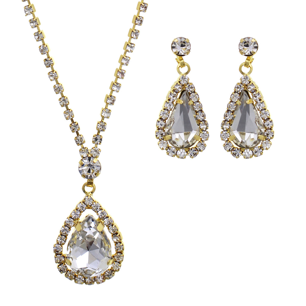 Rhinestone Tear Drop Necklace and Earring Set