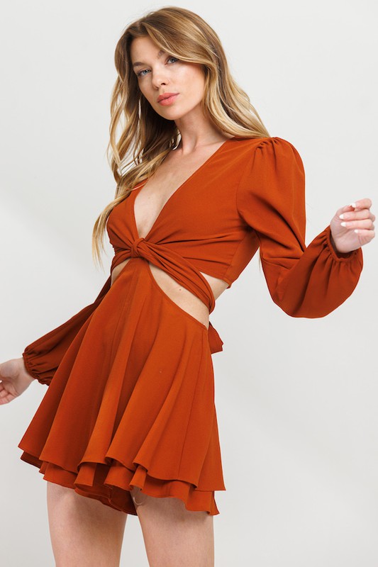 Layer Double Cutout Tie Long Sleeve Romper