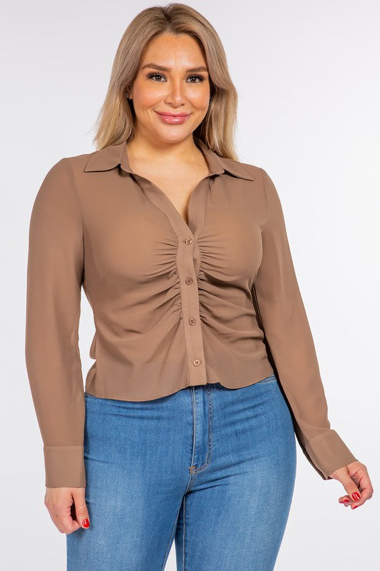 Solid Ruched Button Down Top