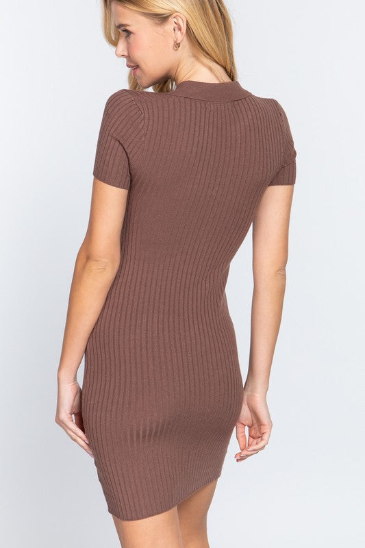 V-Neck Sweater Collar Mini Dress