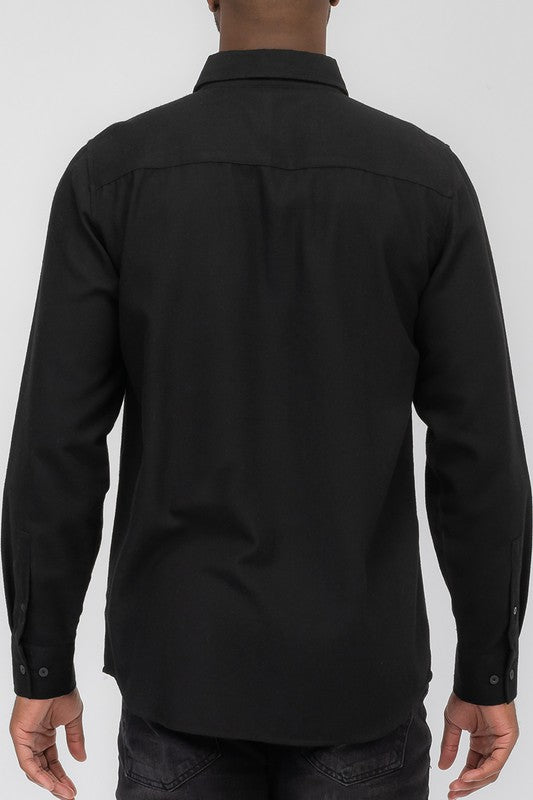 Solid Dbl Pocket Long Sleeve Button-Up