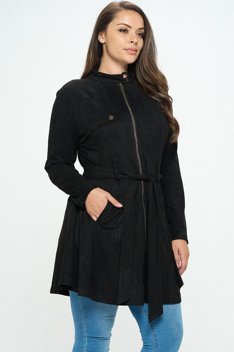 Faux Suede Belted Long Jacket