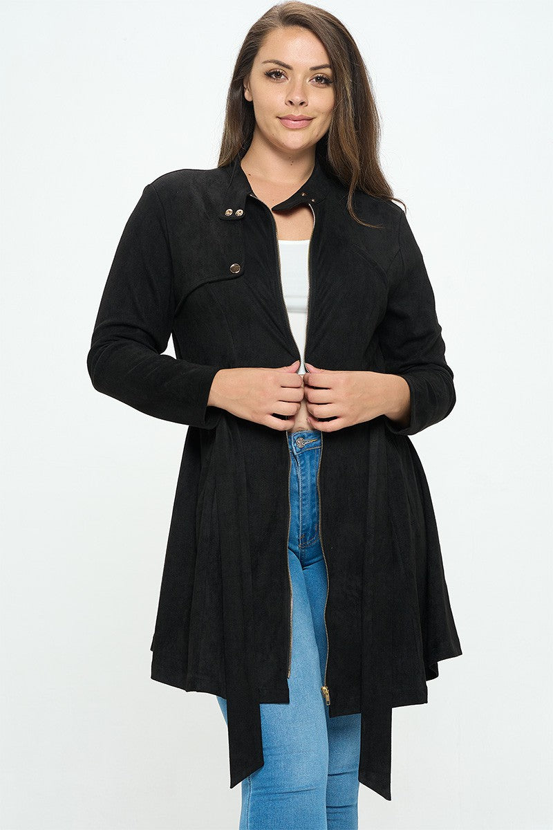 Faux Suede Belted Long Jacket