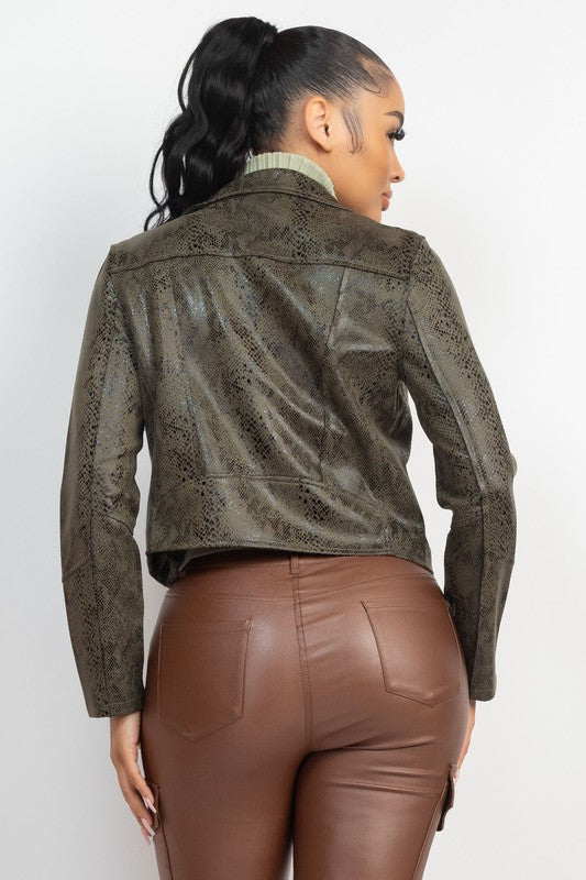 Snake Print Collared Moto  Jacket