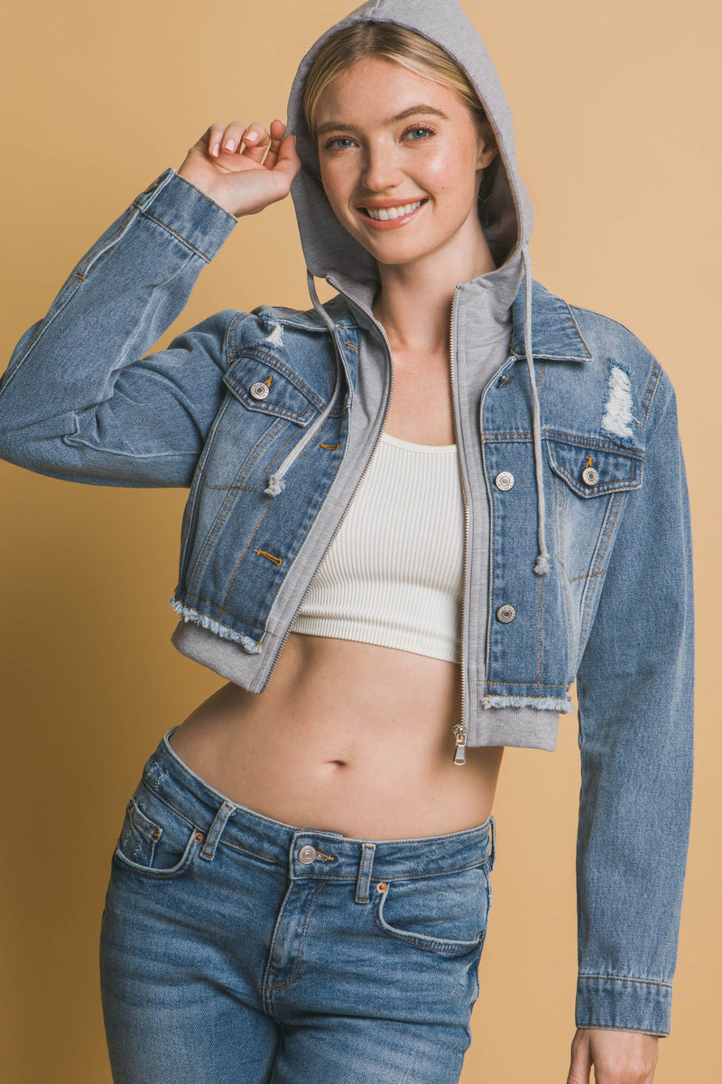 Hoodie Layered Crop Denim Jacket