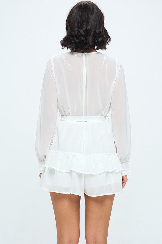 Solid Long Sleeve Layered Ruffle Romper