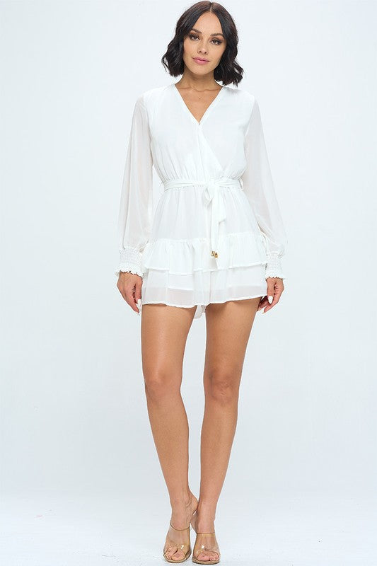 Solid Long Sleeve Layered Ruffle Romper