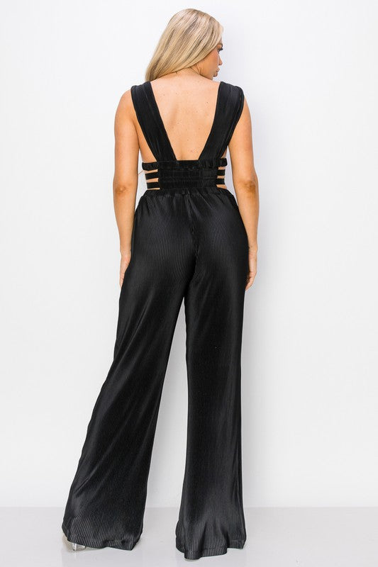 Pleated V-Neck Caged Waist Wide Leg Jumpsuit