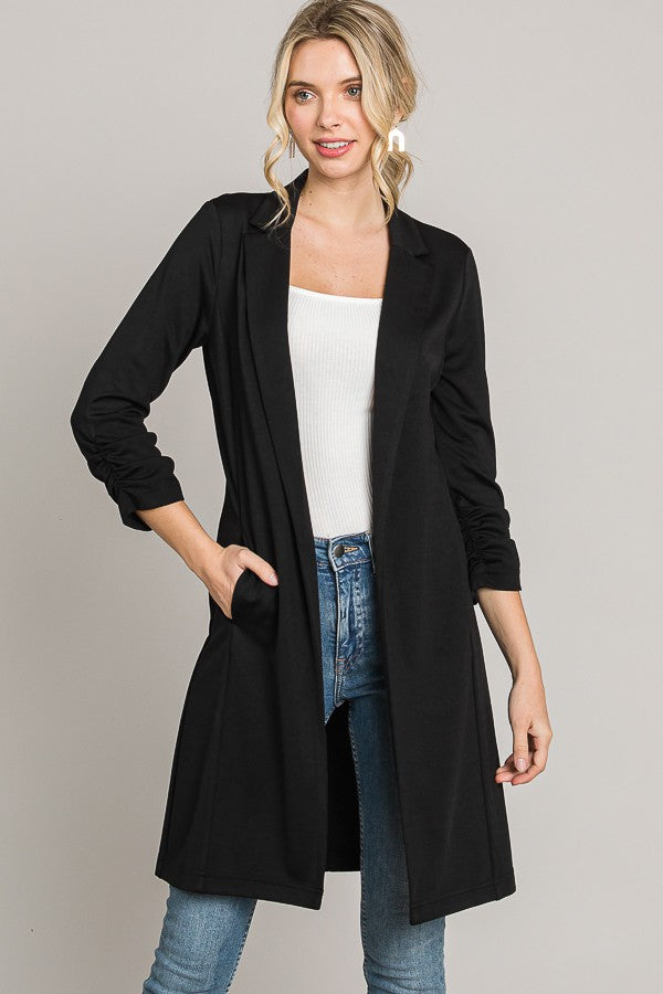 Solid Ruched Sleeve Long Blazer