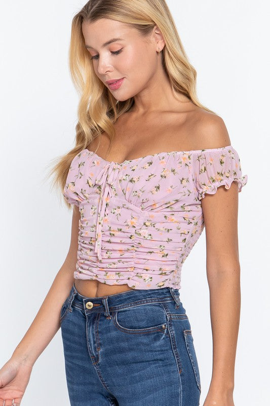 Floral Front Lace-Up Ruched Short Sleeve Top