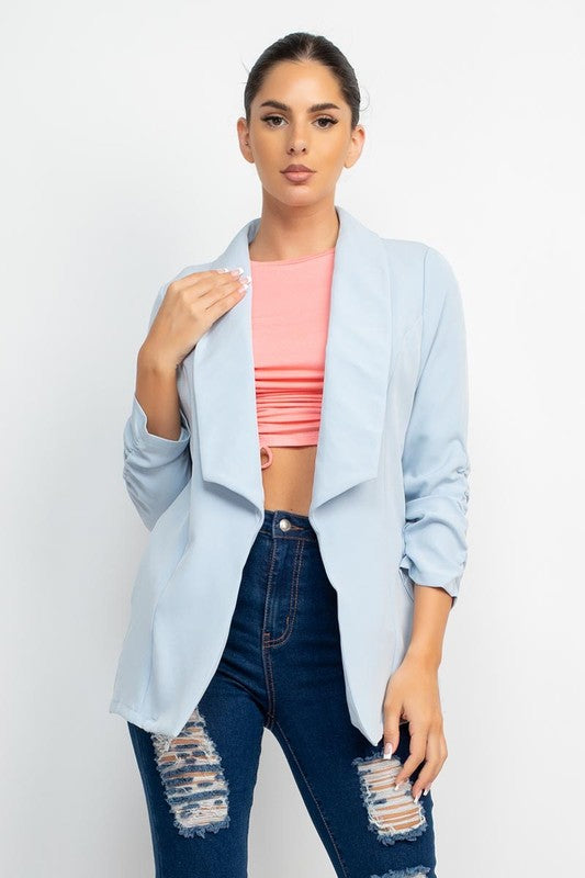 Collar Open Shirred Sleeve Blazer