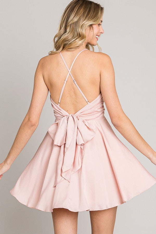 Solid Satin Tie Back Fit & Flare Dress