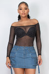 Sheer Mesh Off Shoulder Foil Bodysuit