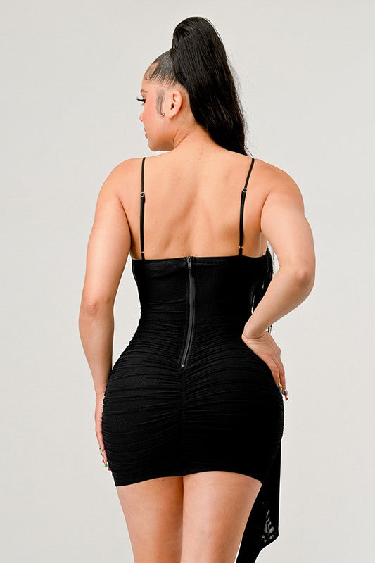 Mesh Ruched Cross Drape Mini Dress