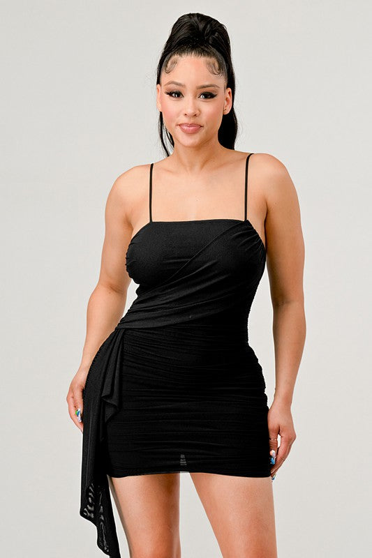 Mesh Ruched Cross Drape Mini Dress