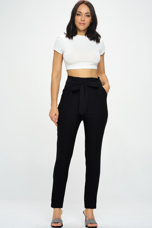 Solid High Waist Paperbag Pant