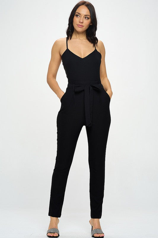 Solid Belted Straight Leg Jumpsuit