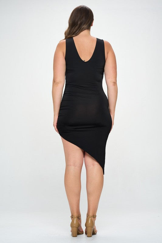 Solid Plunge Side Ruch High Low Dress