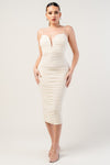 Deep V Ruched Mesh Midi Dress