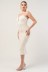 Deep V Ruched Mesh Midi Dress