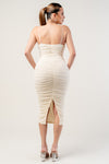 Deep V Ruched Mesh Midi Dress