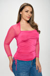 Solid Mesh Sleeve Ruch Tie Side Top