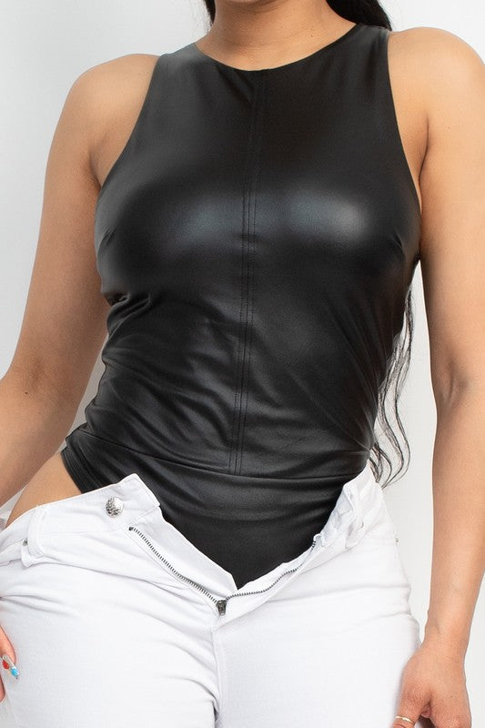 Faux Leather High Neck Sleeveless Bodysuit