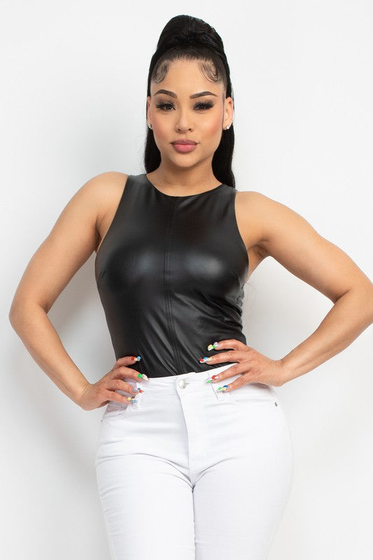 Faux Leather High Neck Sleeveless Bodysuit