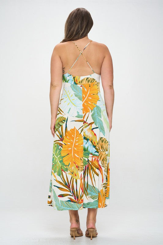 Tropical Printed V-Cross Back Maxi Dress
