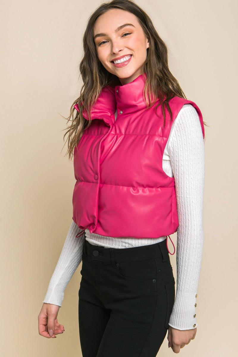 Faux Leather Puffer Vest with Snap Closure