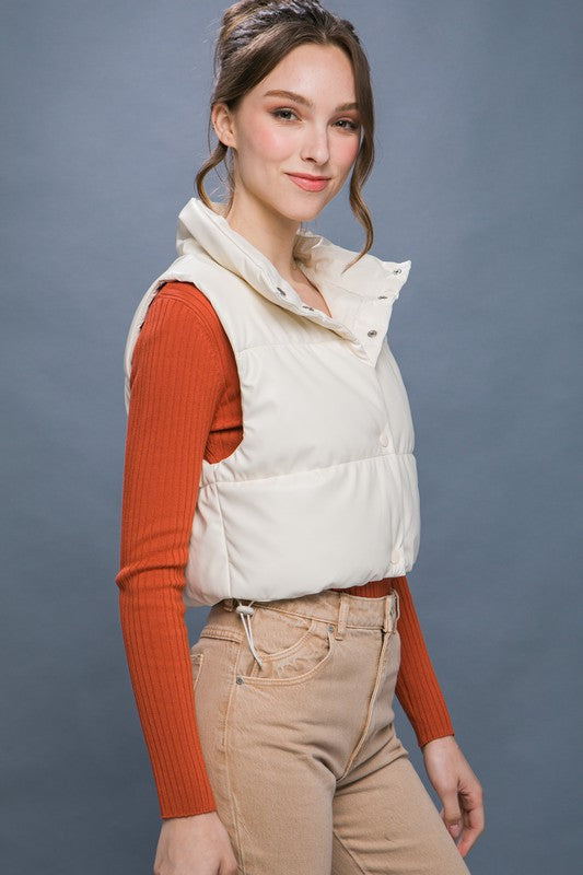 Faux Leather Puffer Vest with Snap Closure