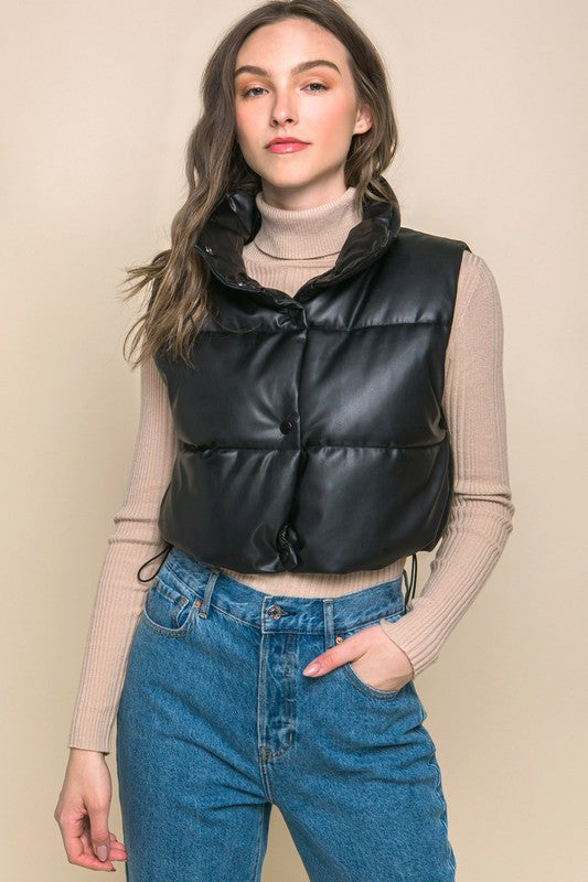 Faux Leather Puffer Vest with Snap Closure