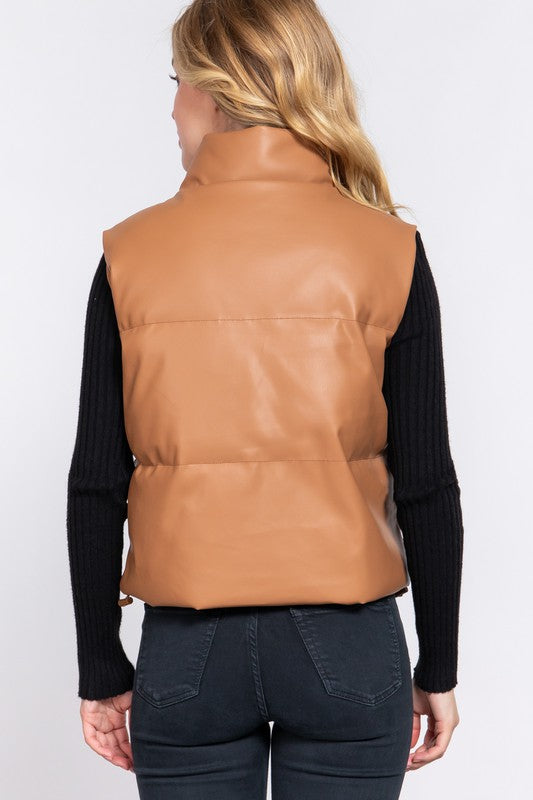 High Neck Quilted PU Puffer Vest