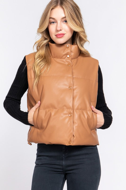 High Neck Quilted PU Puffer Vest