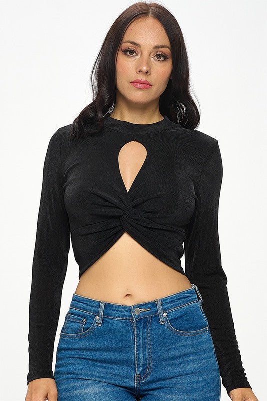 White Front Keyhole Cut Long Sleeve Crop Top –