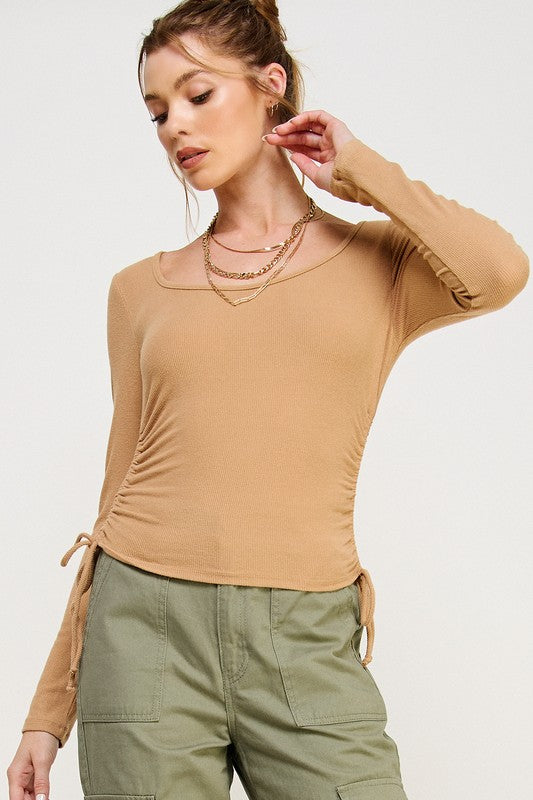 Brushed Rib Scoop Neck Side Ruch Top