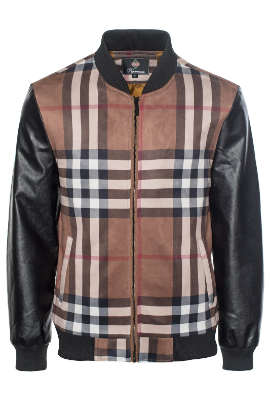 Plaid Soft Zip Pleather Sleeve Bomber Jacket