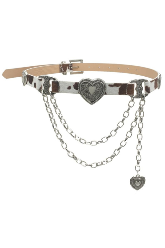 Heart Charm Skinny Cow Print Belt