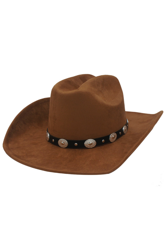 Stud Coin Trim Suede Cowboy Hat Cognac