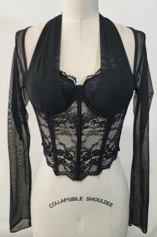 Lace + Mesh L/S Halter Bolero Corset