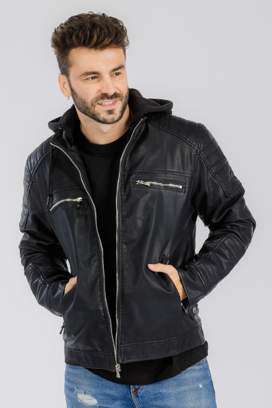 Pleather Moto Jacket w/Removable Hood