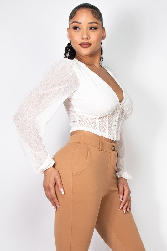 Plunging Mesh Corset Long Sleeve Top