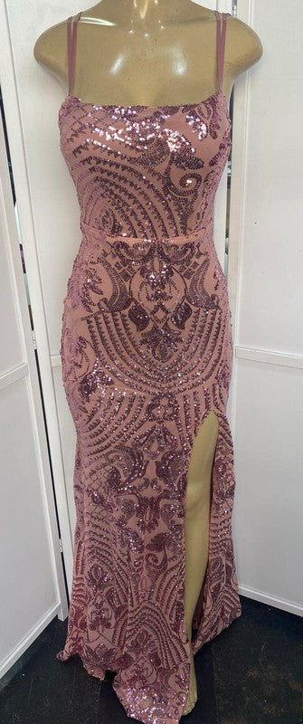 Sequin Pattern CrossBk Long Slit Dress