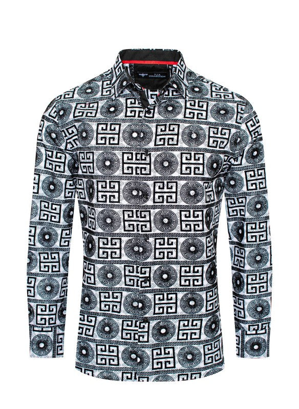 Flocked Geo Pattern Long Sleeve Button Up